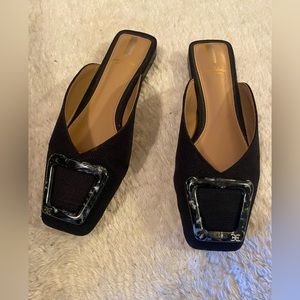 NWT Black Sam Edelman Black Linen Lavinia Mules with Marbled Buckles